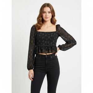 Privacy Please Black Floral Sheer Puff Sleeve Square Neck Crop Top SMALL